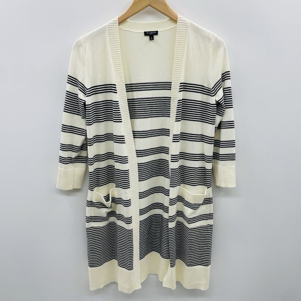 Talbots Petite Womens Size P Striped Longline Cardigan Sweater in Ivory/Blue 381